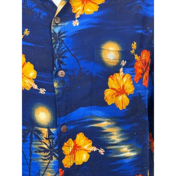 Vintage Hibiscus Collection Hawaiian Aloha Shirt‎ Floral Palms Large Blue Rayon - Picture 2 of 5